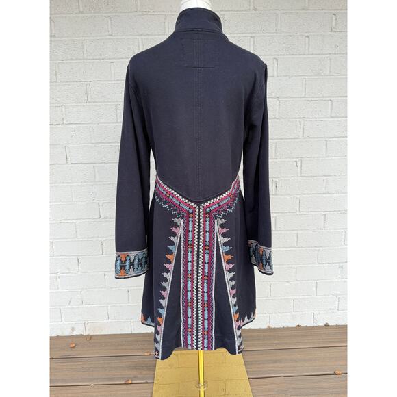 Johnny Was Navy Floral Cross Stitch Embroidered Button Front Long Jacket Coat M - Picture 9 of 9